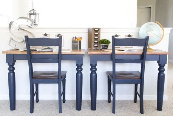 Repurposed Kitchen table desks painted with Fusion Mineral Paint midnight blue featured at Talk of the Town | www.knickoftime.net