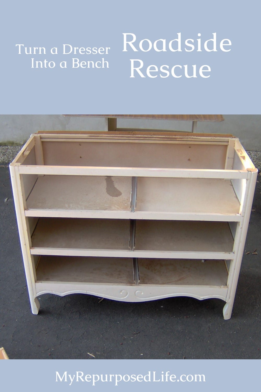Turn an old dresser into a bench using a curb found dresser that needed a lot of TLC. Using drawer fronts for the back of the bench keeps the original look. via @repurposedlife