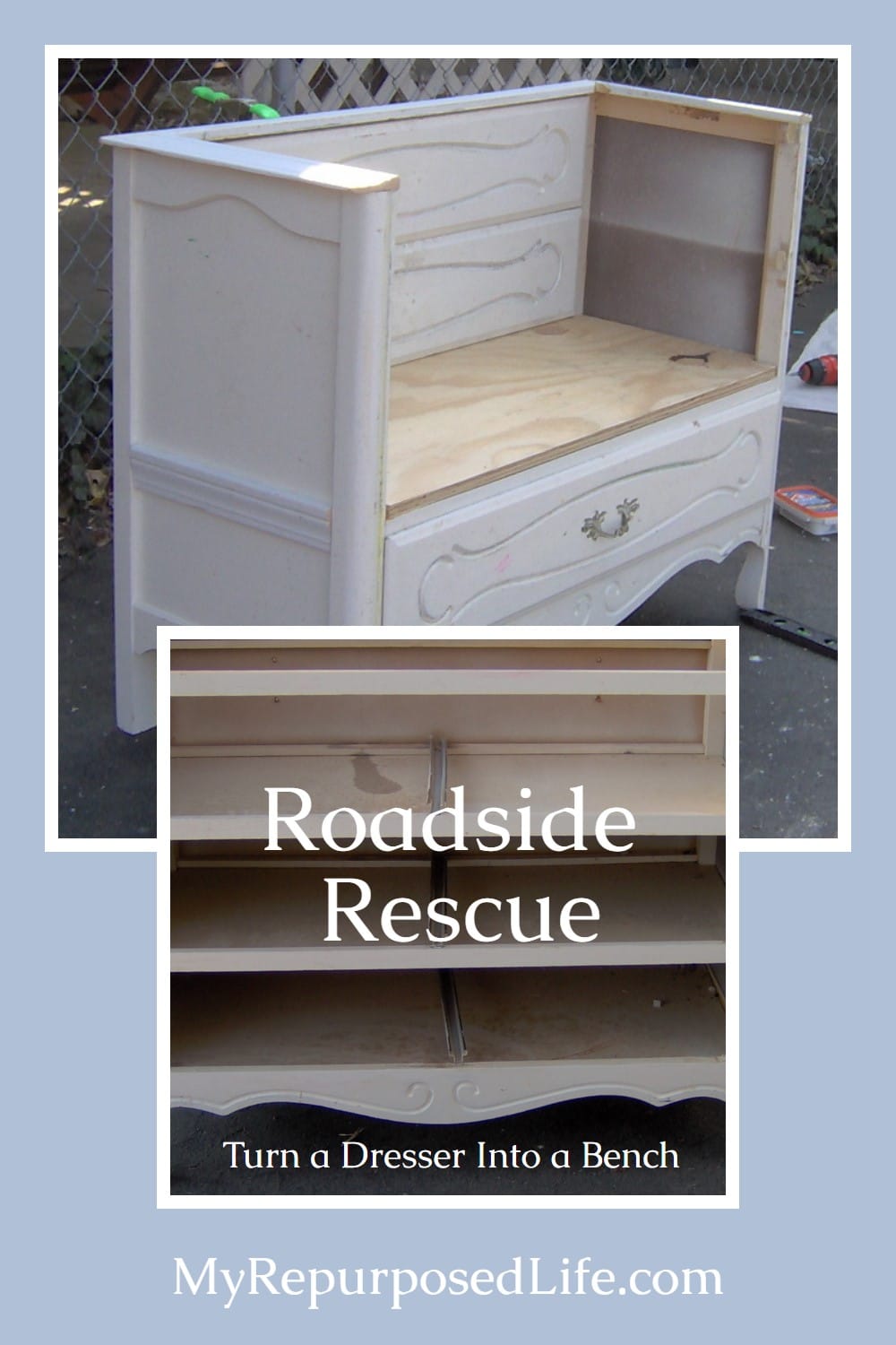 Turn an old dresser into a bench using a curb found dresser that needed a lot of TLC. Using drawer fronts for the back of the bench keeps the original look. via @repurposedlife
