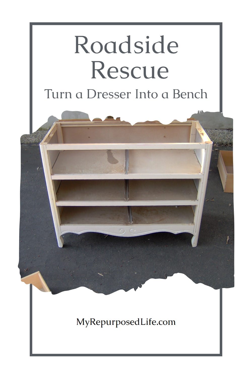 Turn an old dresser into a bench using a curb found dresser that needed a lot of TLC. Using drawer fronts for the back of the bench keeps the original look. via @repurposedlife