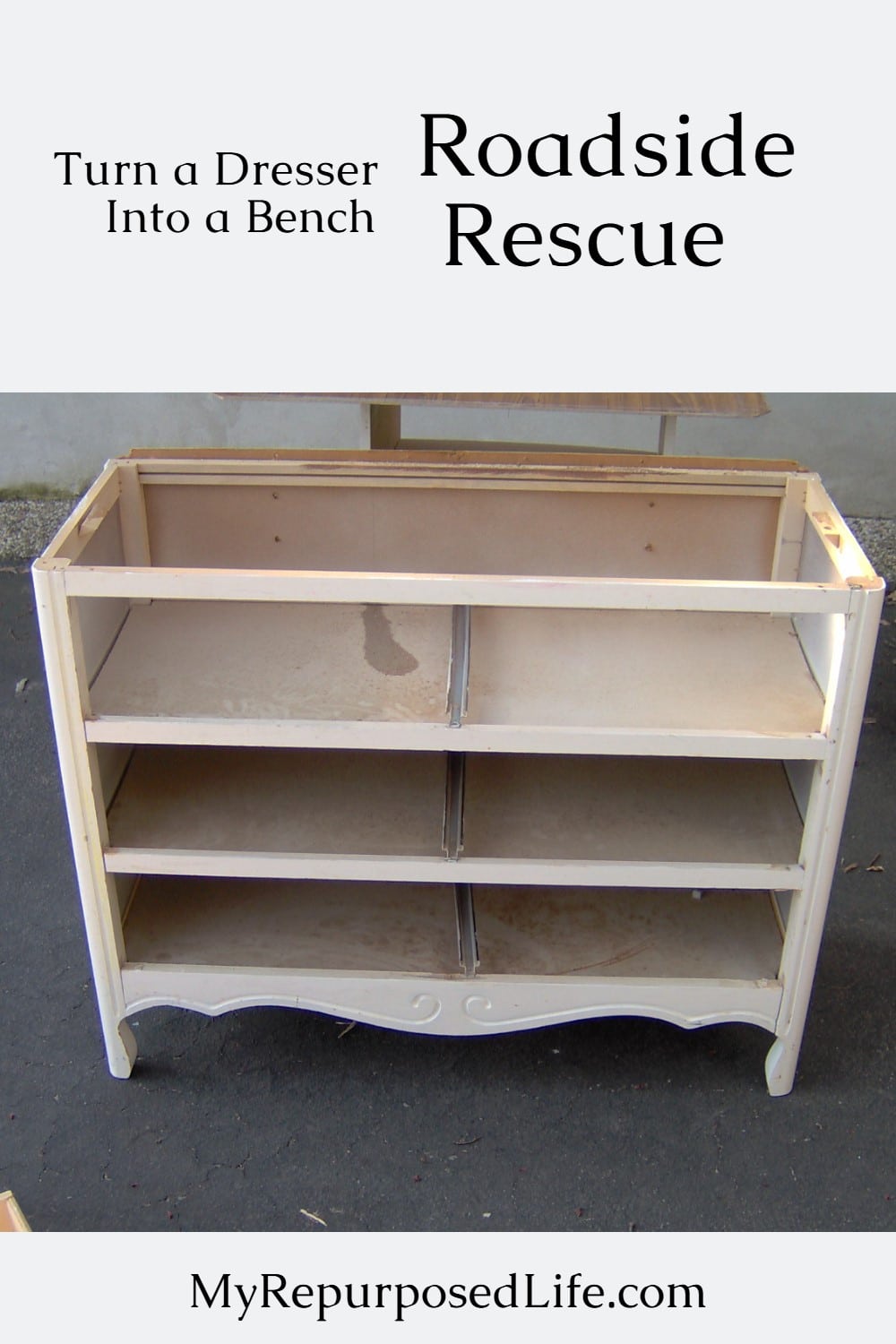 Turn an old dresser into a bench using a curb found dresser that needed a lot of TLC. Using drawer fronts for the back of the bench keeps the original look. via @repurposedlife