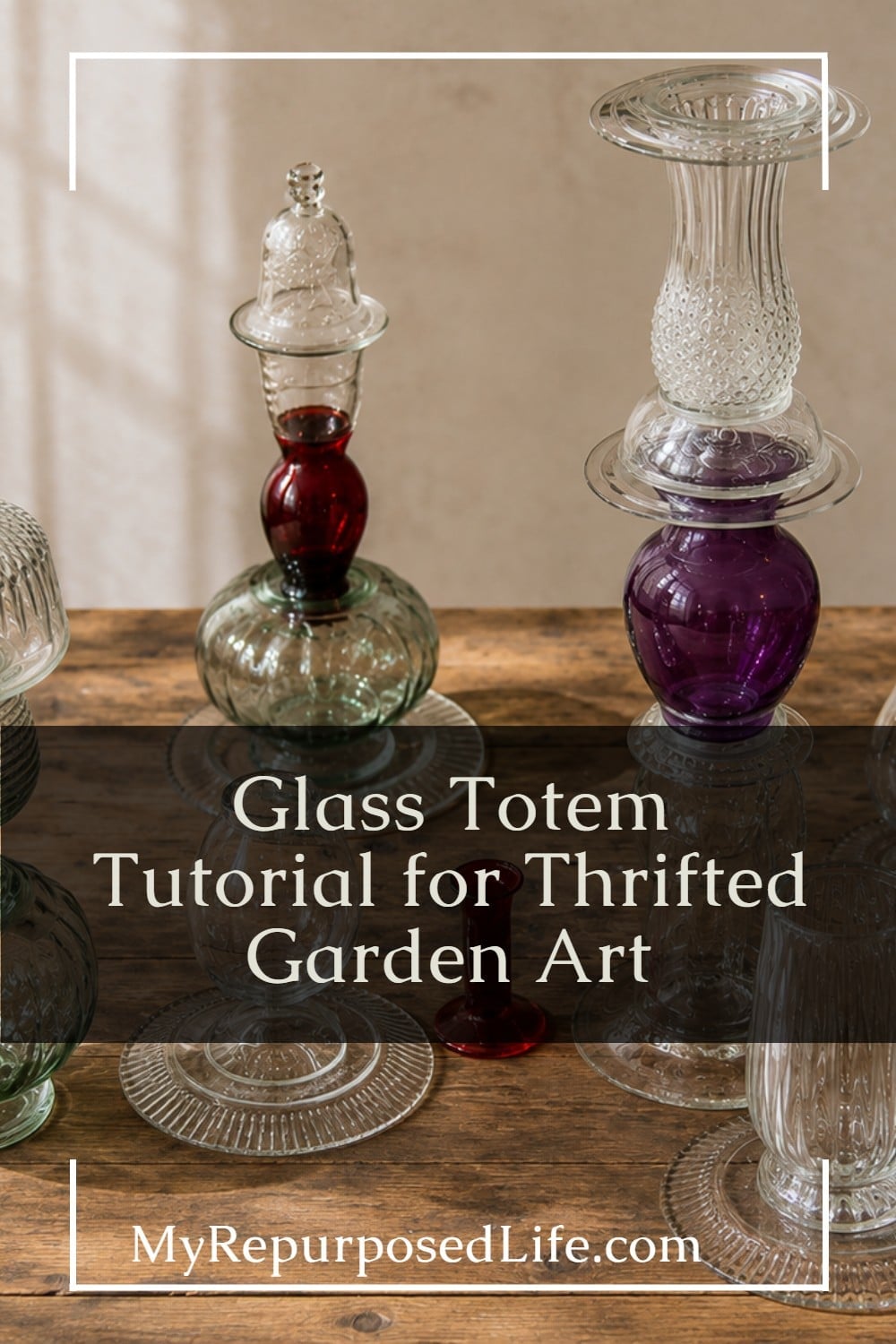 Use this glass totem tutorial to learn how to make these wonderful repurposed glassware statues for your garden or patio. Step by step directions to make your own. #MyRepurposedLife #repurposed #glassware #totem #garden #diy #topiary #glass #thrifted via @repurposedlife