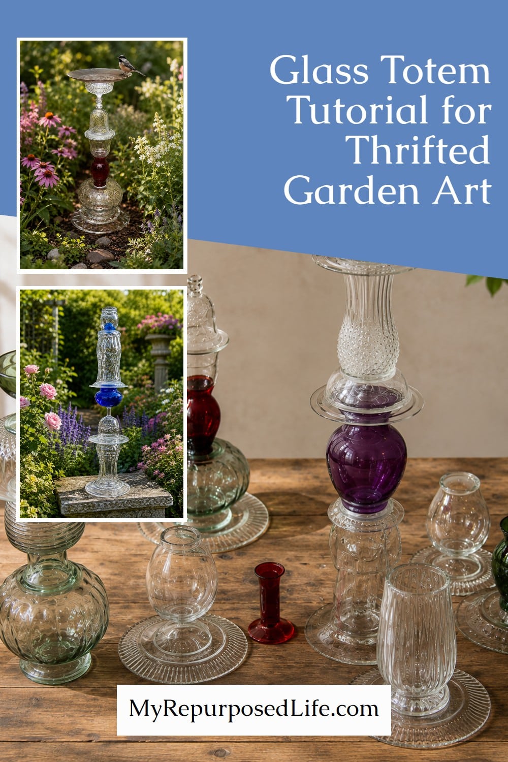 Use this glass totem tutorial to learn how to make these wonderful repurposed glassware statues for your garden or patio. Step by step directions to make your own. #MyRepurposedLife #repurposed #glassware #totem #garden #diy #topiary #glass #thrifted via @repurposedlife