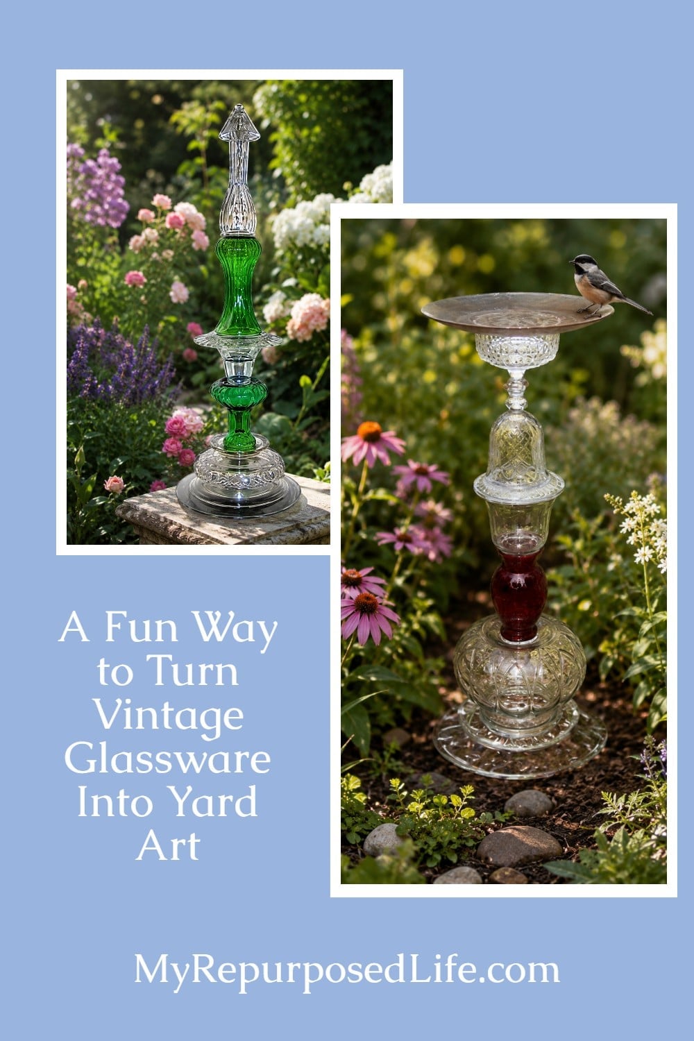Use this glass totem tutorial to learn how to make these wonderful repurposed glassware statues for your garden or patio. Step by step directions to make your own. #MyRepurposedLife #repurposed #glassware #totem #garden #diy #topiary #glass #thrifted via @repurposedlife