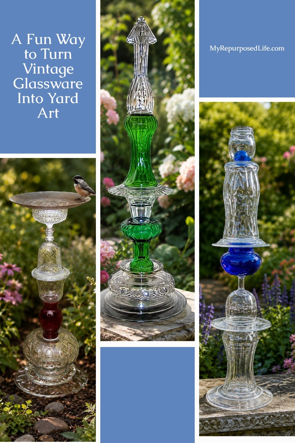 Use this glass totem tutorial to learn how to make these wonderful repurposed glassware statues for your garden or patio. Step by step directions to make your own. #MyRepurposedLife #repurposed #glassware #totem #garden #diy #topiary #glass #thrifted via @repurposedlife