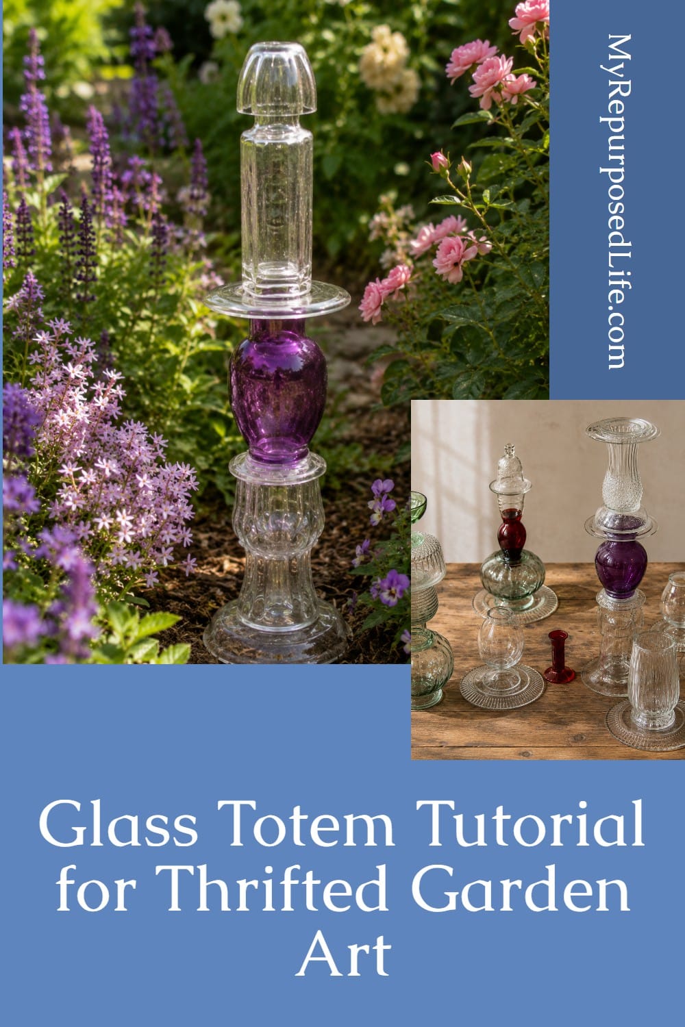 Use this glass totem tutorial to learn how to make these wonderful repurposed glassware statues for your garden or patio. Step by step directions to make your own. #MyRepurposedLife #repurposed #glassware #totem #garden #diy #topiary #glass #thrifted via @repurposedlife