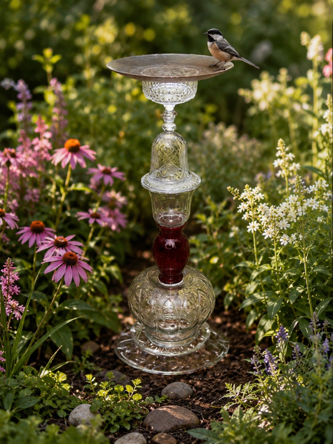 pretty glass garden topiary as a birdbath