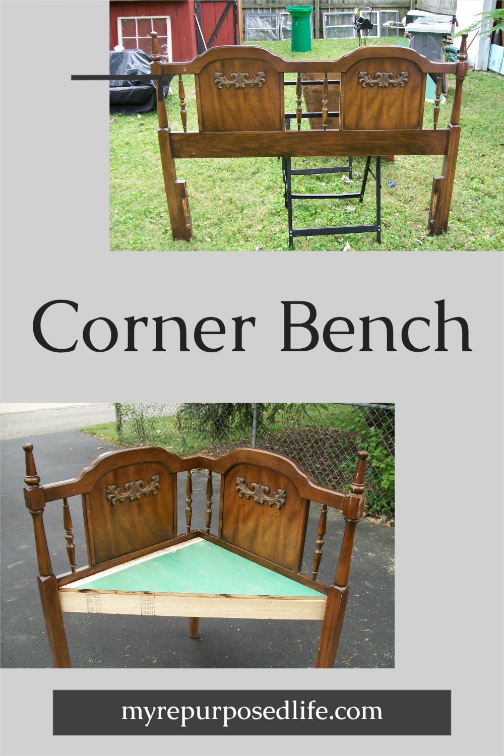 A large headboard is perfect for making a corner bench. Cut the large headboard in half and add a third leg and voila you have the perfect corner bench. #MyRepurposedLife #upcycle #repurpose #headboard #cornerbench #diy #tutorial via @repurposedlife