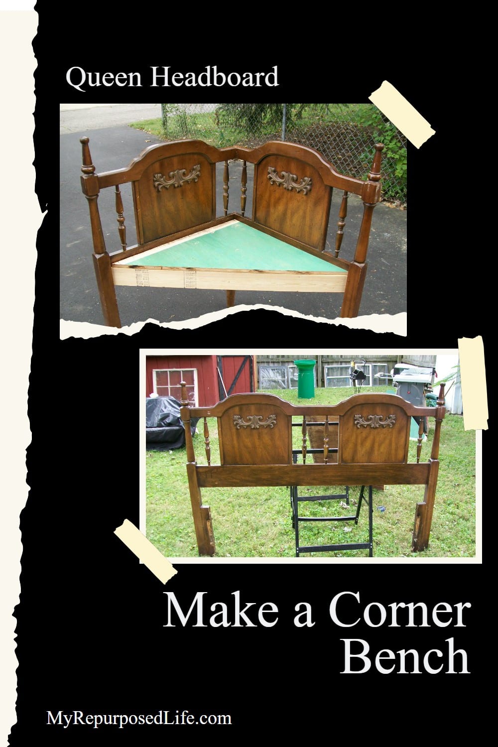 A large headboard is perfect for making a corner bench. Cut the large headboard in half and add a third leg and voila you have the perfect corner bench. #MyRepurposedLife #upcycle #repurpose #headboard #cornerbench #diy #tutorial via @repurposedlife