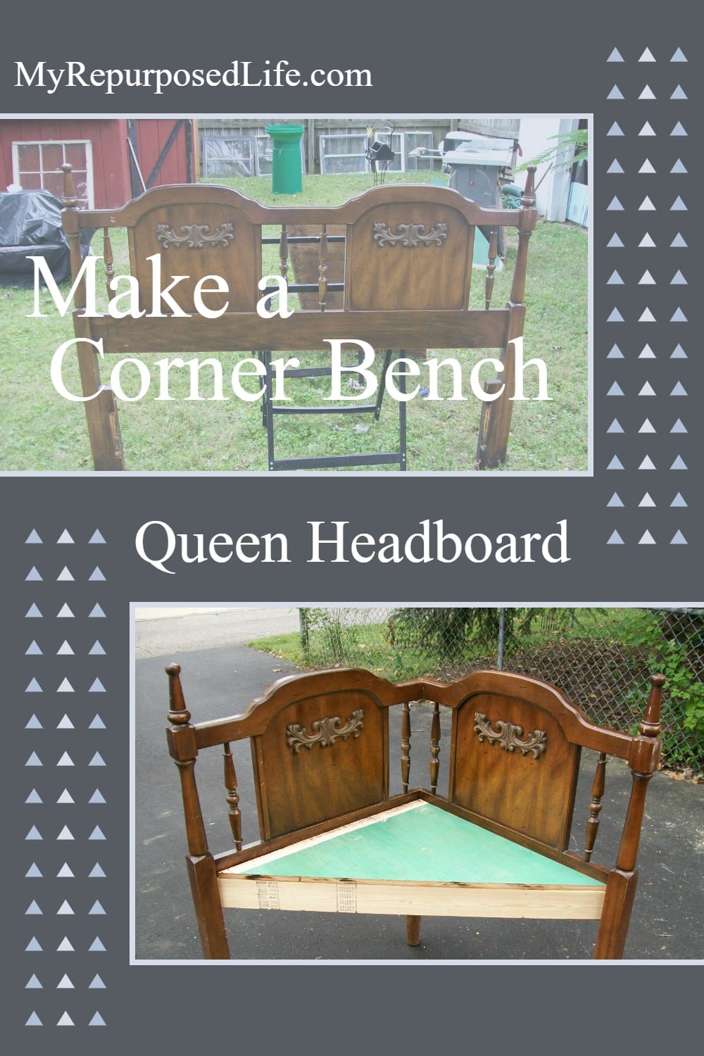 A large headboard is perfect for making a corner bench. Cut the large headboard in half and add a third leg and voila you have the perfect corner bench. #MyRepurposedLife #upcycle #repurpose #headboard #cornerbench #diy #tutorial via @repurposedlife