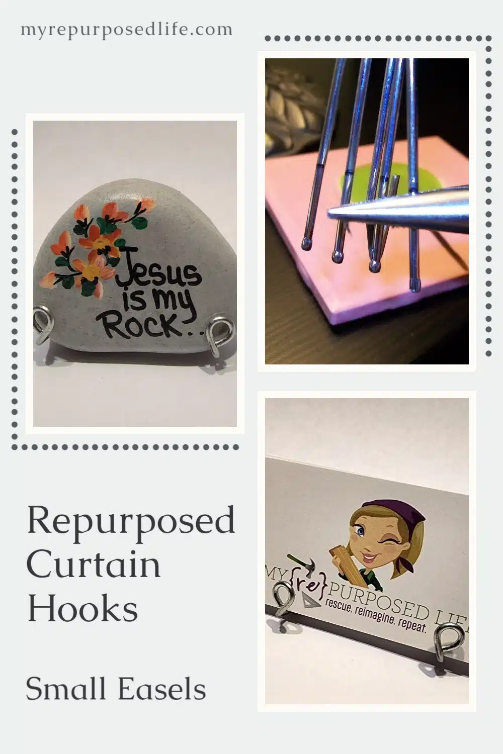 Drapery hooks repurposed into small easels, perfect for biz cards, small plaques, cd covers and more. Step by step directions. #myrepurposedlife #upcycle #curtainhooks #draperyhooks #diy #easels #display via @repurposedlife