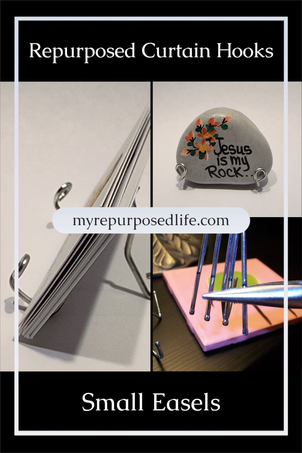 Drapery hooks repurposed into small easels, perfect for biz cards, small plaques, cd covers and more. Step by step directions. #myrepurposedlife #upcycle #curtainhooks #draperyhooks #diy #easels #display via @repurposedlife