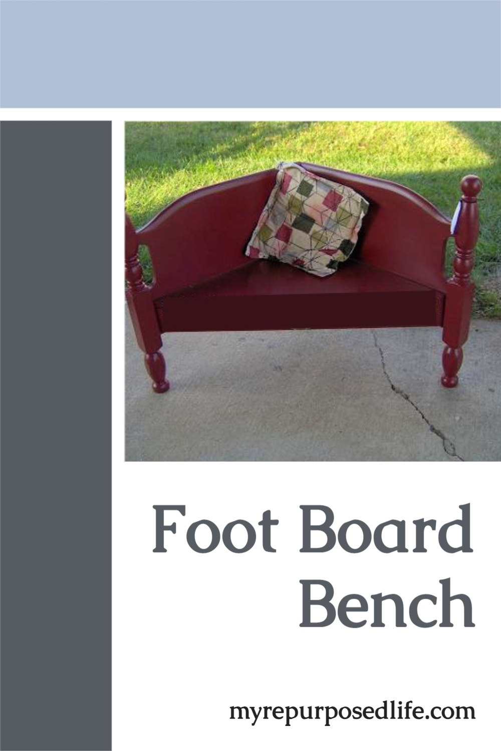 How to make a cute little corner bench from a full sized foot board. Large headboards or foot boards are great for making corner benches. #MyRepurposedLife #repurpose #upcycle #footboard #bed #corner #bench #diy #tutorial via @repurposedlife