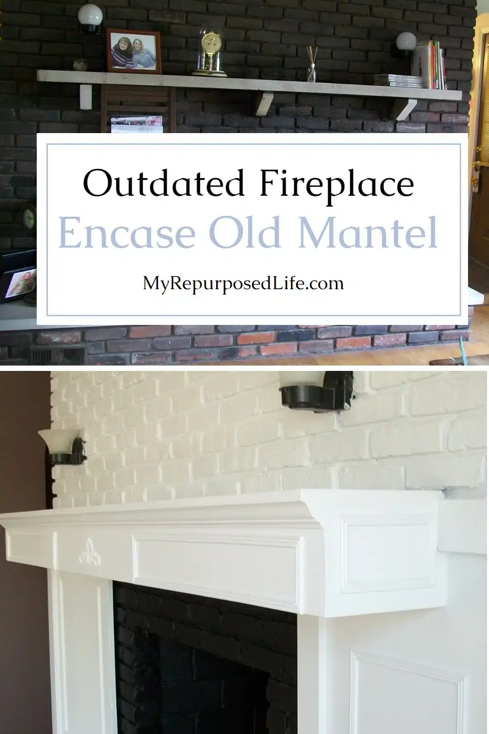 How to update an old, outdated fireplace by encasing the mantel with plywood and molding. Add paint, change up the look of the entire room. #MyRepurposedLife #reno #fireplace via @repurposedlife