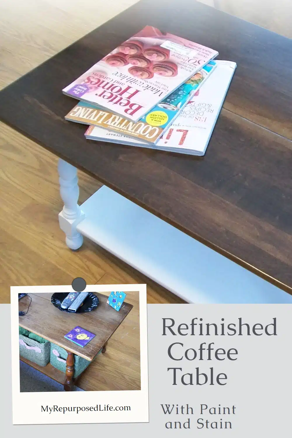 Whether it's your furniture or you bought it, are you looking to refinish a coffee table? Step by step directions for a paint and stain combination. #MyRepurposedLife #refinishfurniture via @repurposedlife