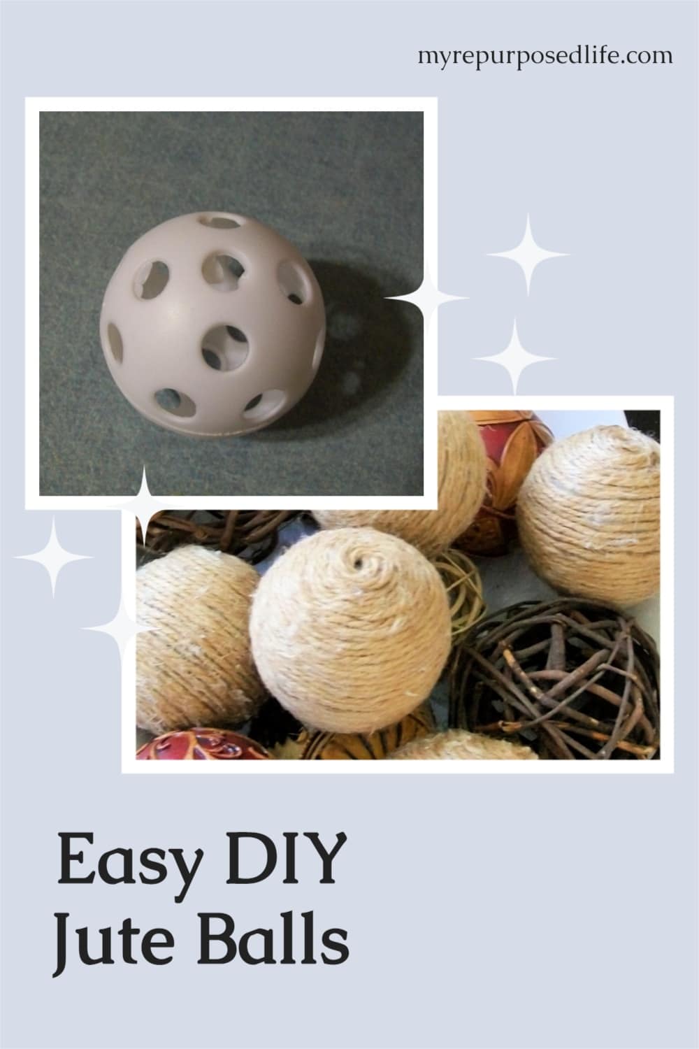 Easy project, fill your vase bowl or basket with these DIY rope wrapped whiffle balls. An inexpensive way to change up your decor for the seasons. So many possibilities of balls, twine and rope! #MyRepurposedLife #homedecor #DIY #rope #orbs #bowl #basket #vase #filler via @repurposedlife