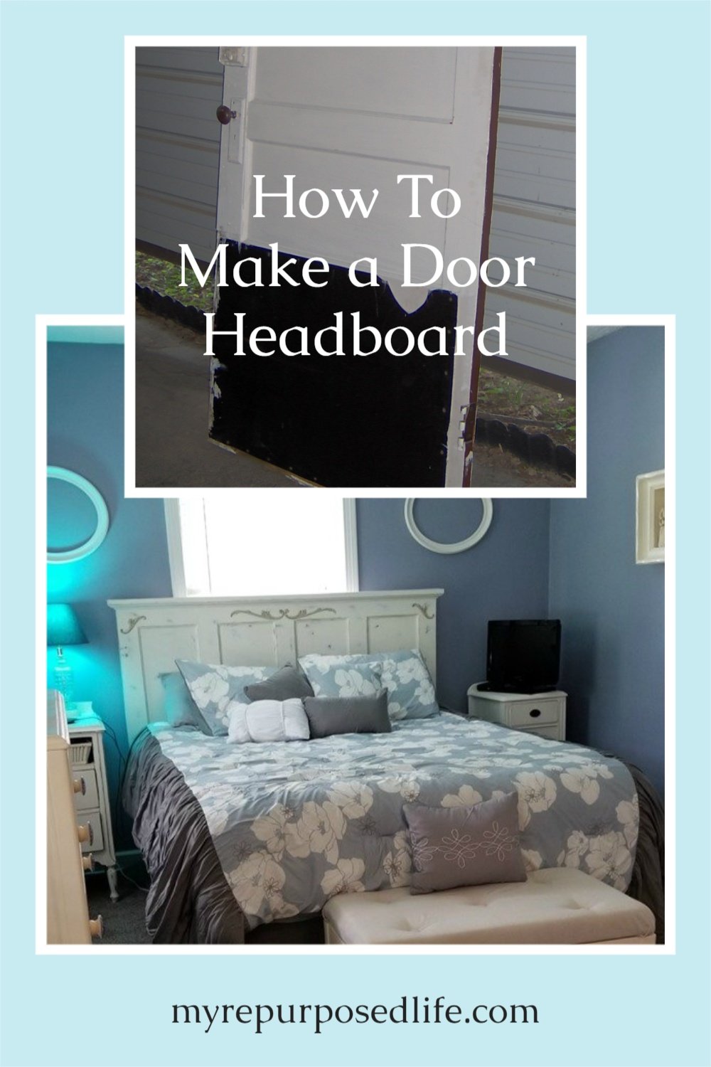 Tips on how to make a repurposed door headboard. The ugliest door in the world becomes a great (loved) headboard. Even though it's seen changes over the years. #upcycle #repurpose #MyRepurposedLife #door #headboard #diy via @repurposedlife