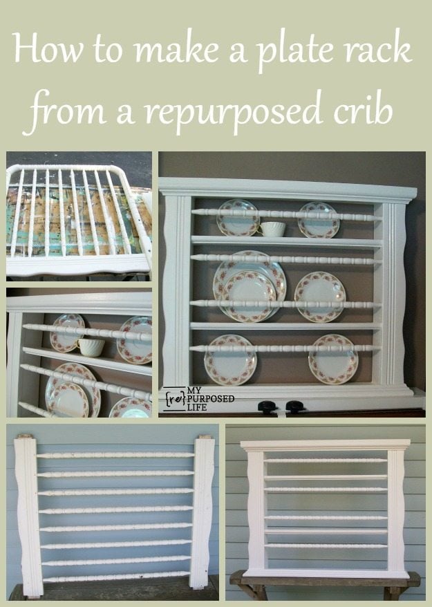 How to turn a repurposed crib into a plate rack. This tutorial will show you how to make a plate rack out of a repurposed crib. #MyRepurposedLife #Repurposed #crib #plate #rack via @repurposedlife