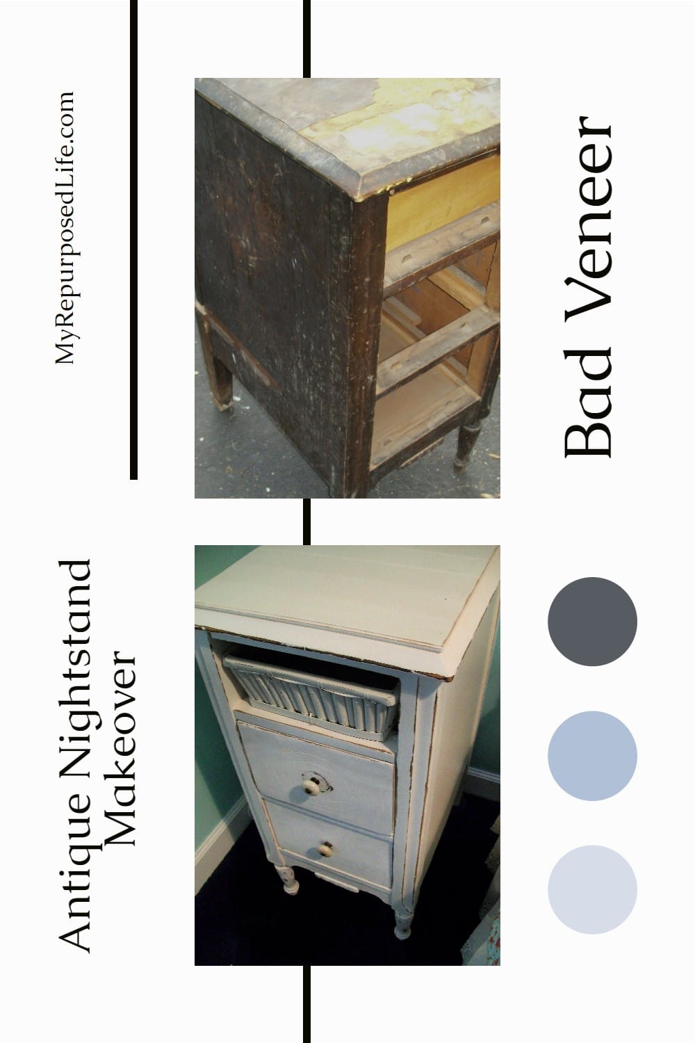 An old nightstand gets a new chance with paint, hardwood flooring and a basket. How to deal with bad veneer for the top and the drawer. Lots of tips! #MyRepurposedLife #repurposed #furniture #nightstand #makeover via @repurposedlife