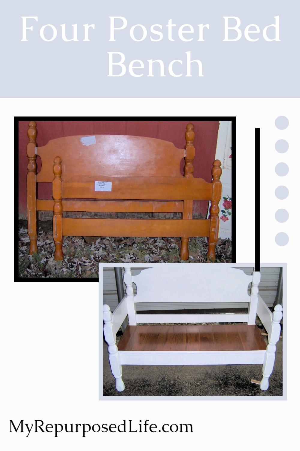 How to make a headboard bench from a small four poster bed. This is one of the easiest ways ever to make a headboard bench. Perfect for beginners. #MyRepurposedLife #headboard #bench via @repurposedlife