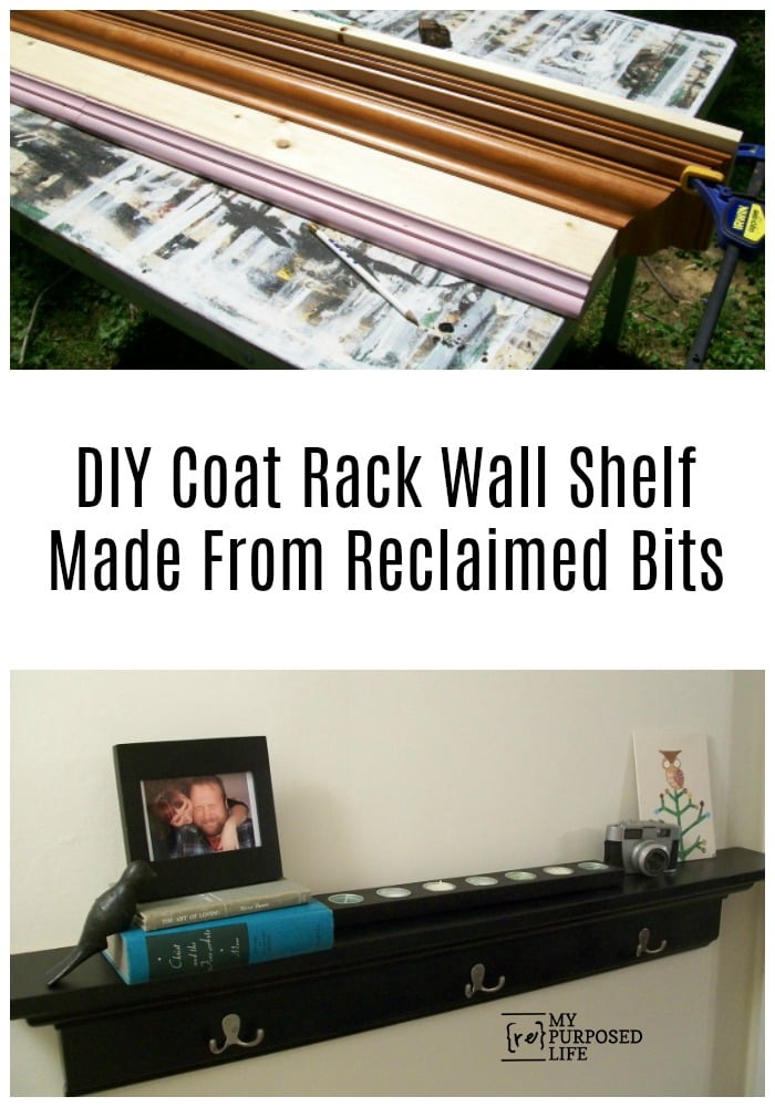 How to make a pottery barn inspired coat rack wall shelf. A DIY customized project makes a great gift idea. Using reclaimed trim keeps costs down. #MyRepurposedLife #repurposed #reclaimed #wood #coatrack #wallshelf #diy via @repurposedlife