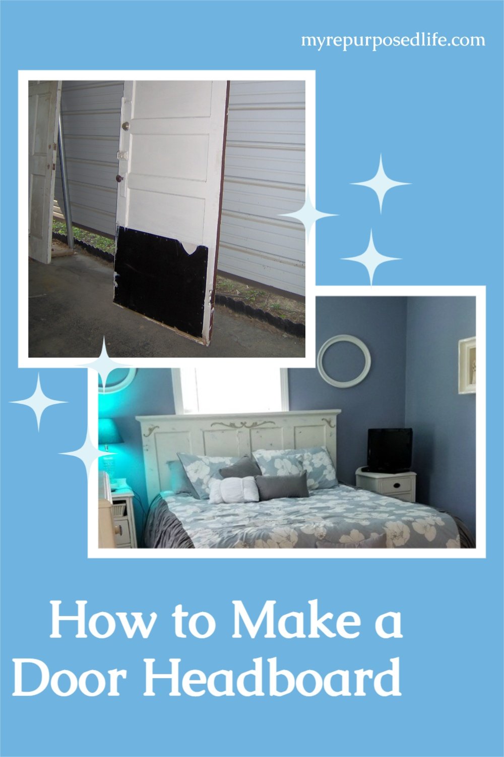 How to repurpose an old door into a unique headboard. Easy tutorial make your own headboard out of a door. #MyRepurposedLife #upcycle #repurposed #door #headboard #tutorial via @repurposedlife