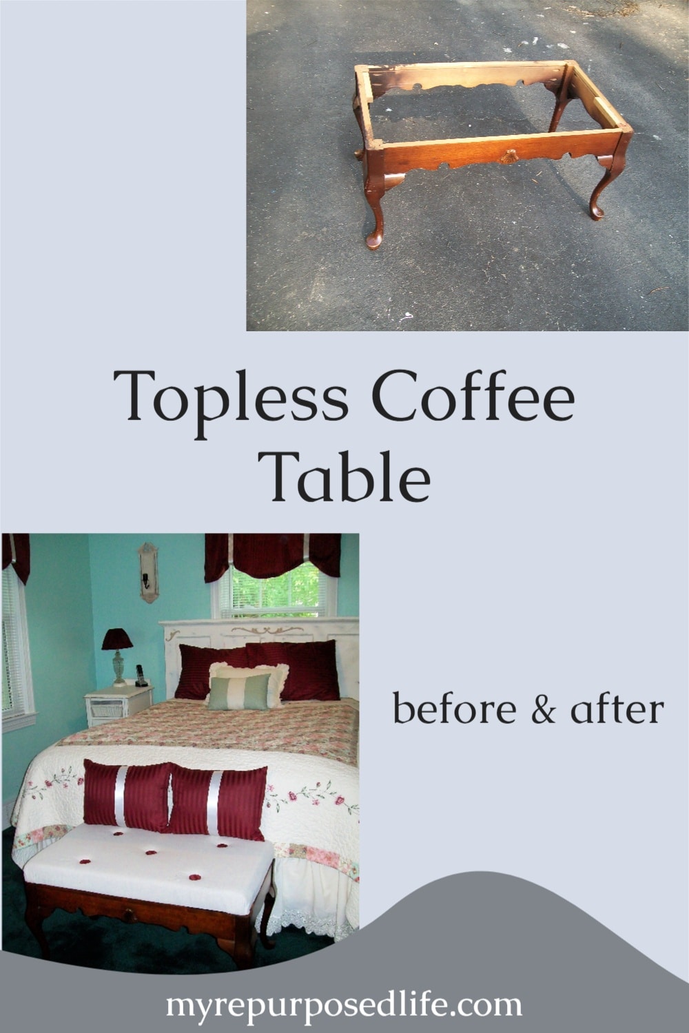 How to use a cheap old coffee table to make a great new coffee table bench for your bedroom. So many tips to do this on the cheap. #MyRepurposedLife #repurposed #furniture #coffeetable #bench she uses this to help her dog jump on and off the bed #brilliant! via @repurposedlife