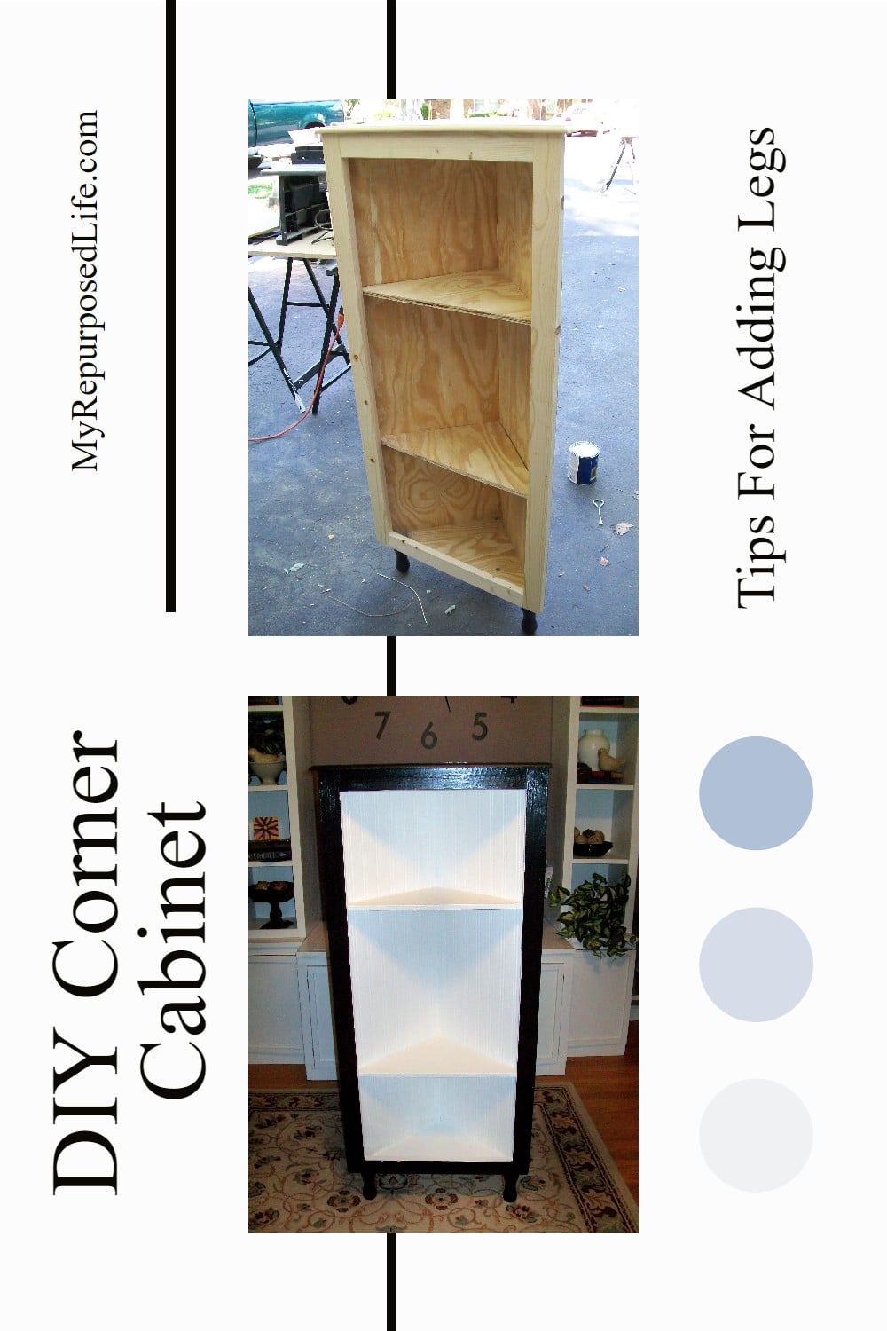 How to make a DIY corner cabinet using cull bin plywood spindle legs and bead board wallpaper. Step by step directions take you through the process. via @repurposedlife