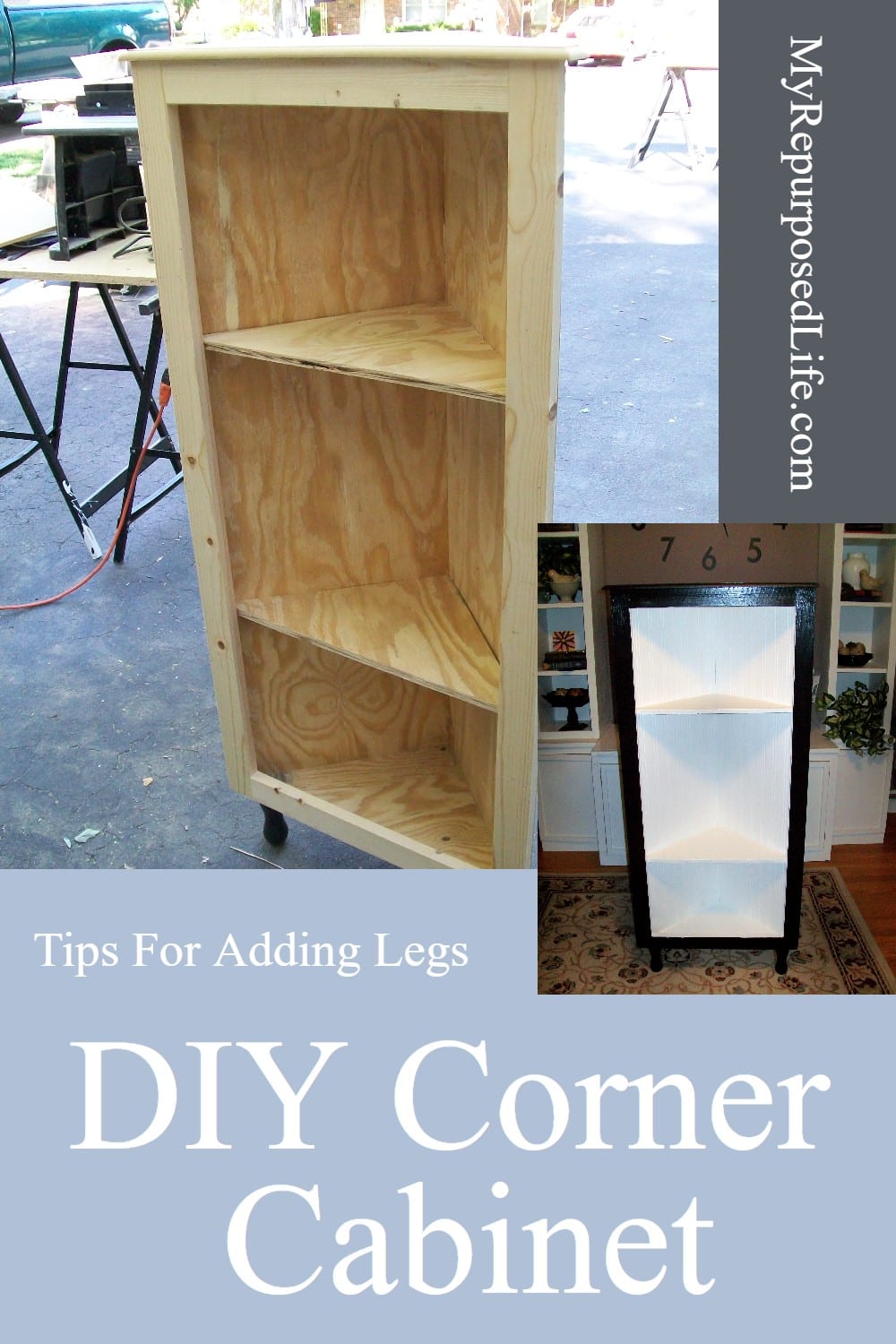 How to make a DIY corner cabinet using cull bin plywood spindle legs and bead board wallpaper. Step by step directions take you through the process. via @repurposedlife