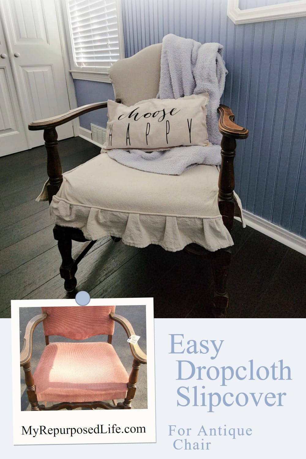 I've never really loved to sew, but I can do enough to get by. If I can make this easy slipcover for an ugly chair, so can you! Drop Cloth material was used. Inexpensive and durable. You can't beat it. Ten years has passed since I originally did this project, and it still makes me smile when I see it in my bedroom. #MyRepurposedLife #repurposed #furniture #chair #thriftstore #dropcloth #slipcover via @repurposedlife