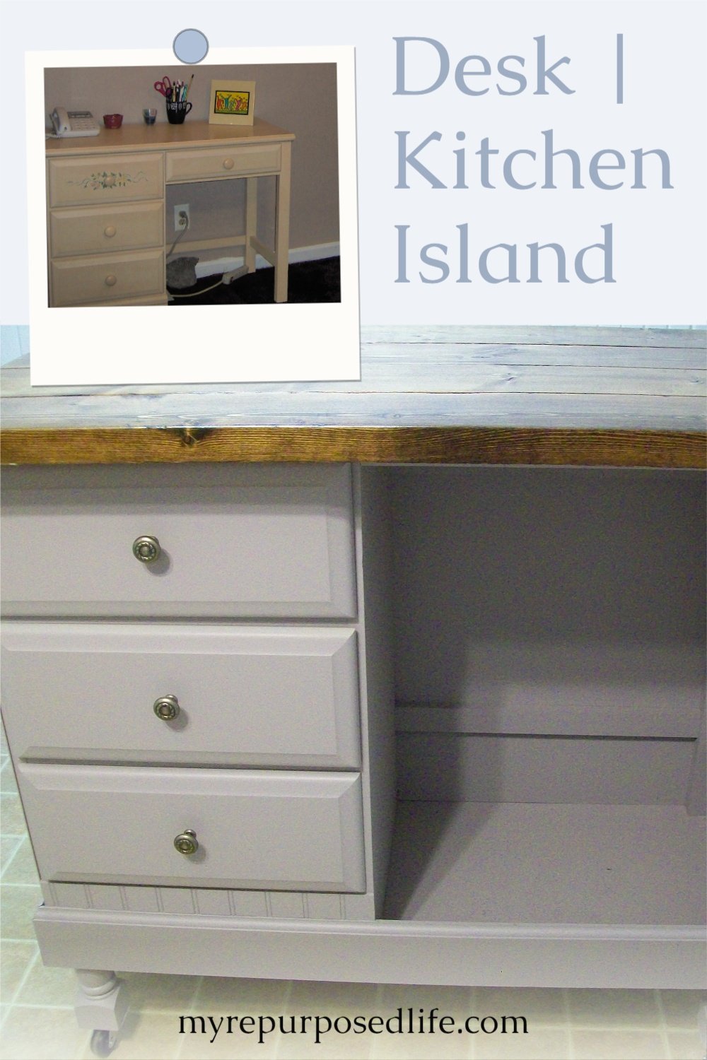 If you have an old desk, but need a kitchen island, this tutorial will show you how to turn that desk into an island. Even a beginner can do this project. #myrepurposedlife #repurposed #upcycle #desk #kitchenisland via @repurposedlife