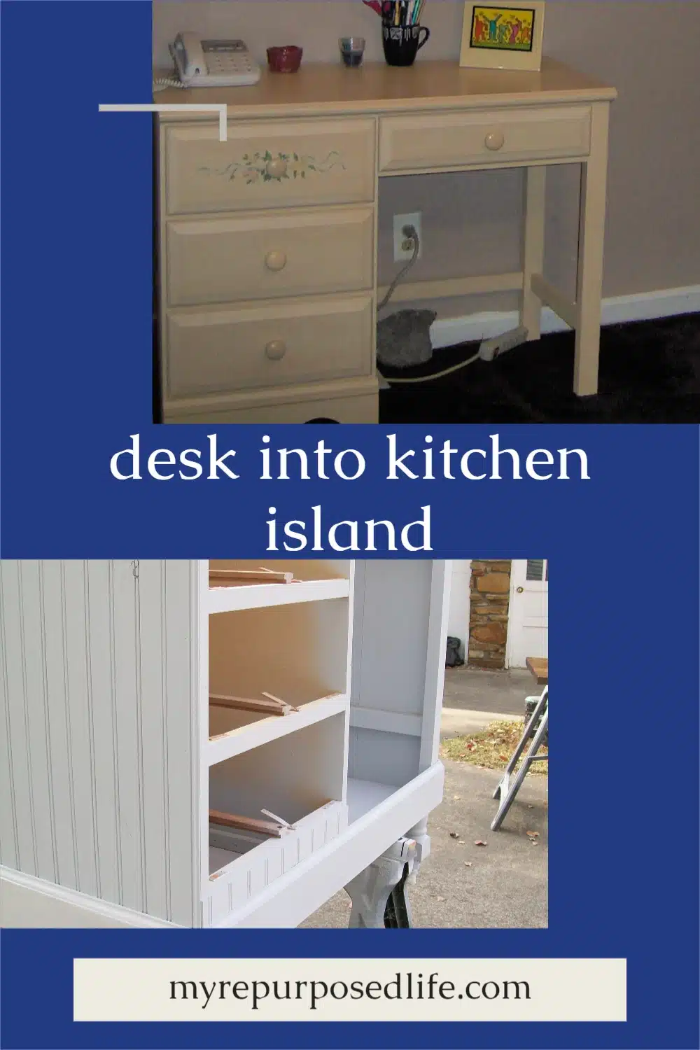 How to make a unique and useful DIY kitchen island or craft station out of an old desk. Raised to a comfortable height, perfect for cooking or crafting! #MyRepurposedLife #repurposed #upcycle #desk #kitchenisland #crafts #craftstation via @repurposedlife