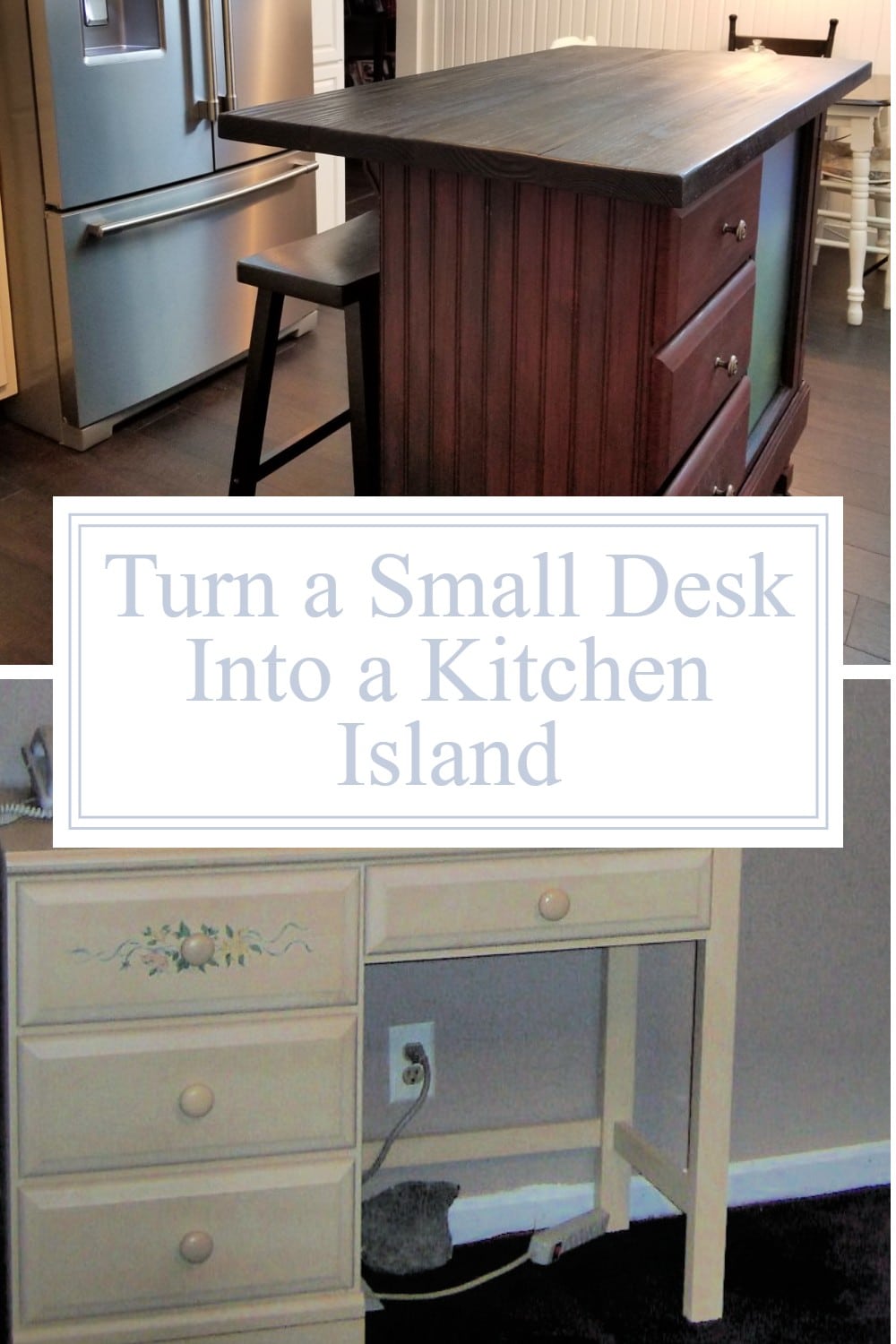 If you have an old desk, but need a kitchen island, this tutorial will show you how to turn that desk into an island. Even a beginner can do this project. #myrepurposedlife #repurposed #upcycle #desk #kitchenisland via @repurposedlife