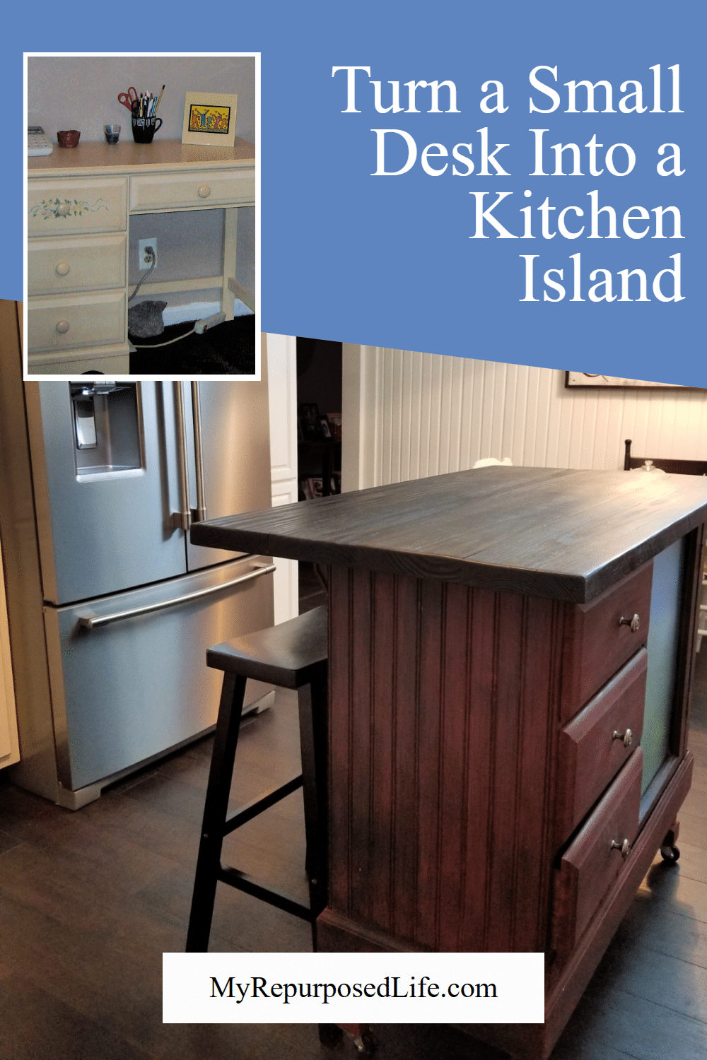 If you have an old desk, but need a kitchen island, this tutorial will show you how to turn that desk into an island. Even a beginner can do this project. #myrepurposedlife #repurposed #upcycle #desk #kitchenisland via @repurposedlife