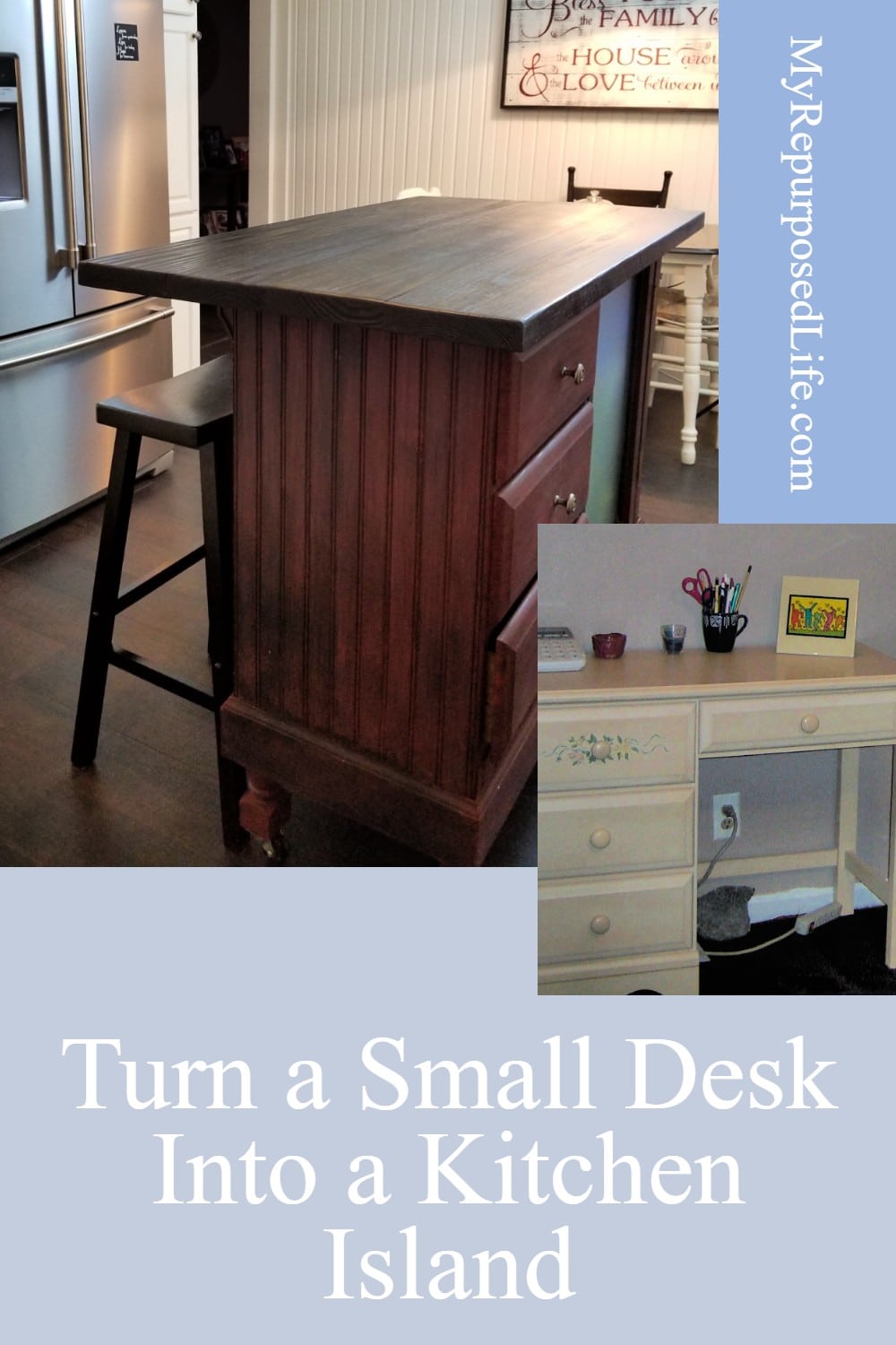 If you have an old desk, but need a kitchen island, this tutorial will show you how to turn that desk into an island. Even a beginner can do this project. #myrepurposedlife #repurposed #upcycle #desk #kitchenisland via @repurposedlife