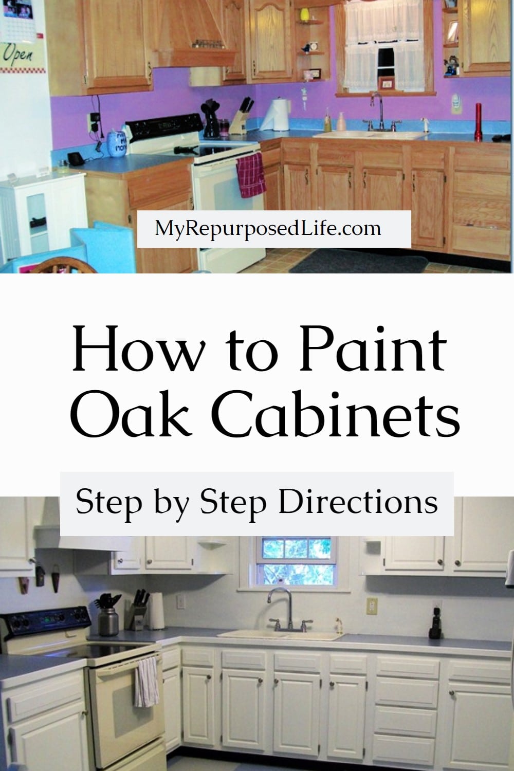 Step by step directions on how to paint oak cabinets, plus the secret to making the hard work pay off for years! Time tested results, 13 years later! via @repurposedlife