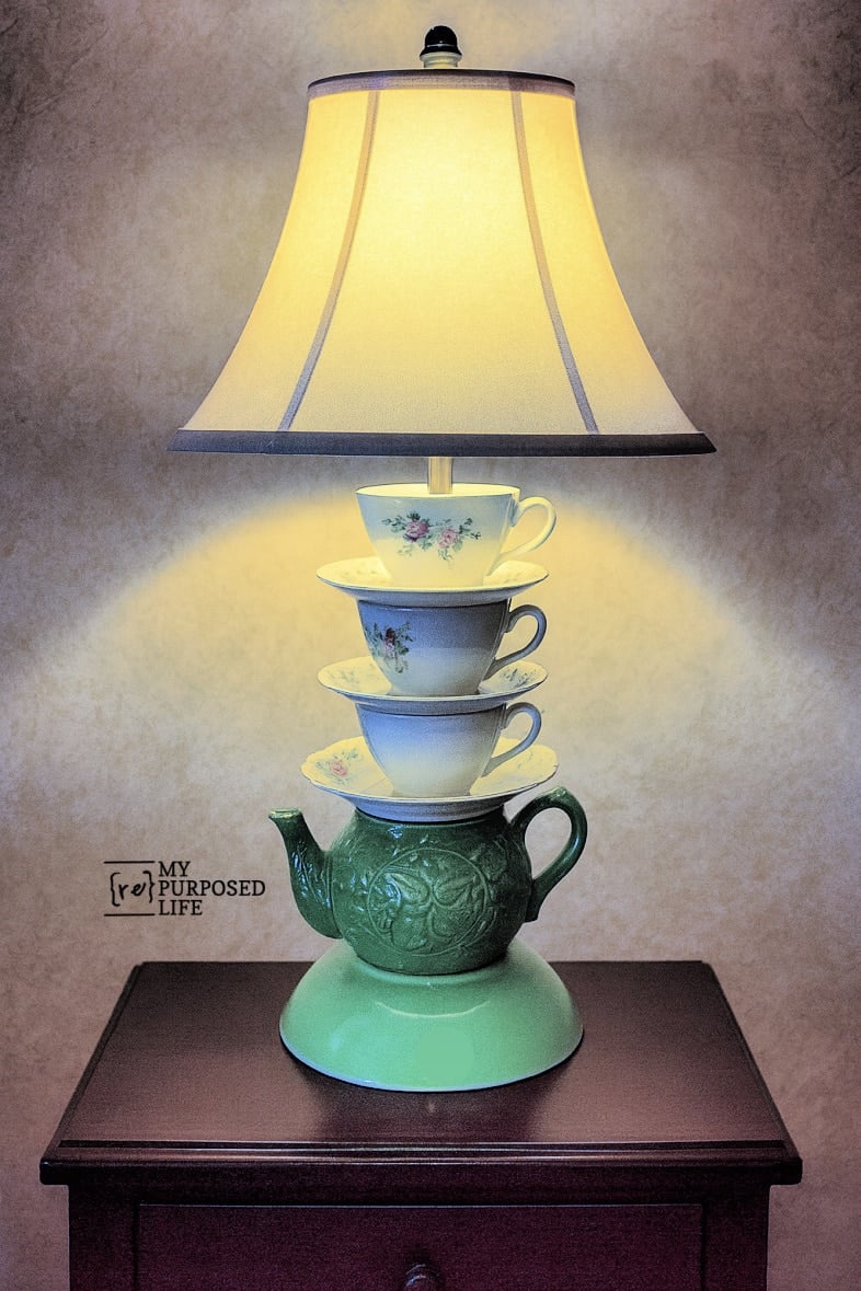 diy green teacup teapot lamp made by MyRepurposedLife