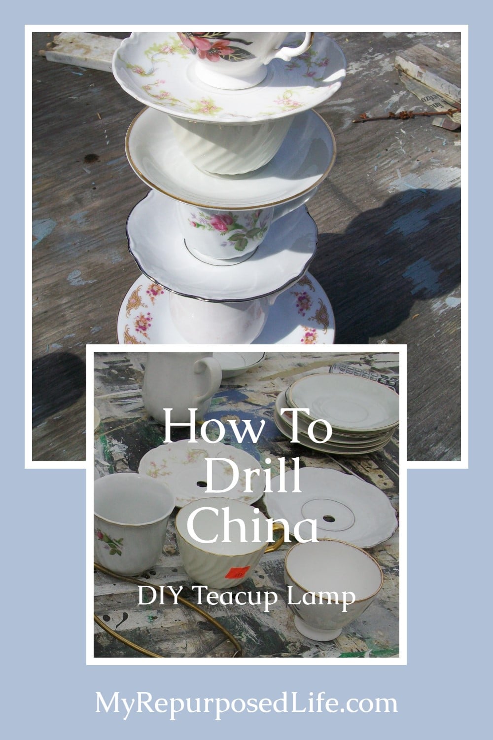 How to drill china such as teacups and saucers to make lamps, dessert plates and more. You will need a diamond bit, a good drill and some patience.  #MyRepurposedLife #repurposed #glassware #drillchina via @repurposedlife