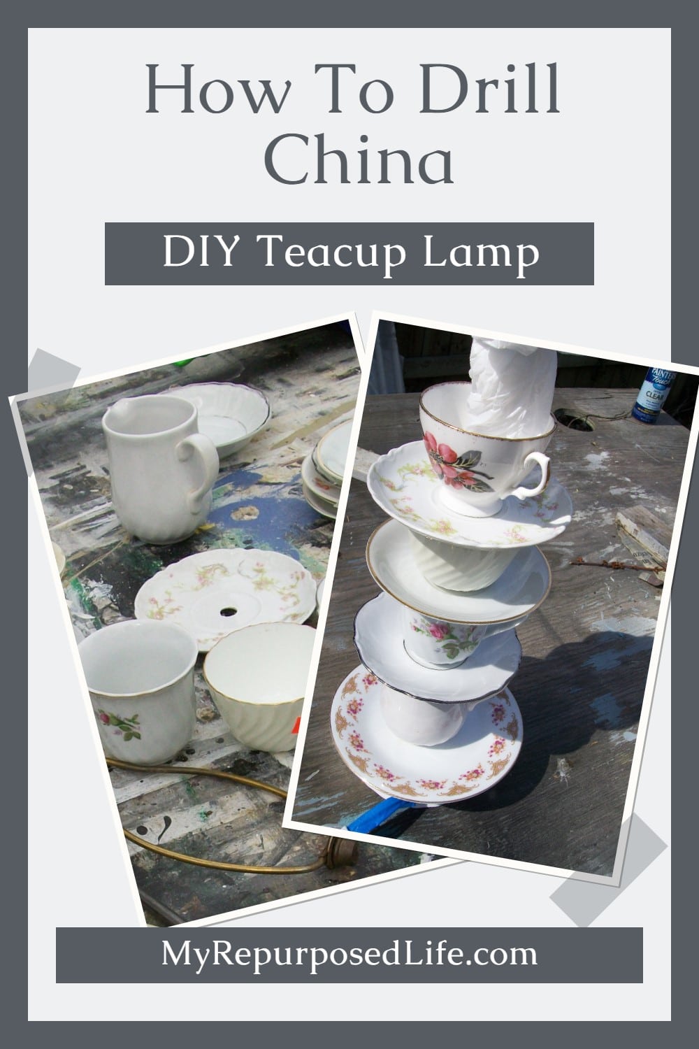 How to drill china such as teacups and saucers to make lamps, dessert plates and more. You will need a diamond bit, a good drill and some patience.  #MyRepurposedLife #repurposed #glassware #drillchina via @repurposedlife