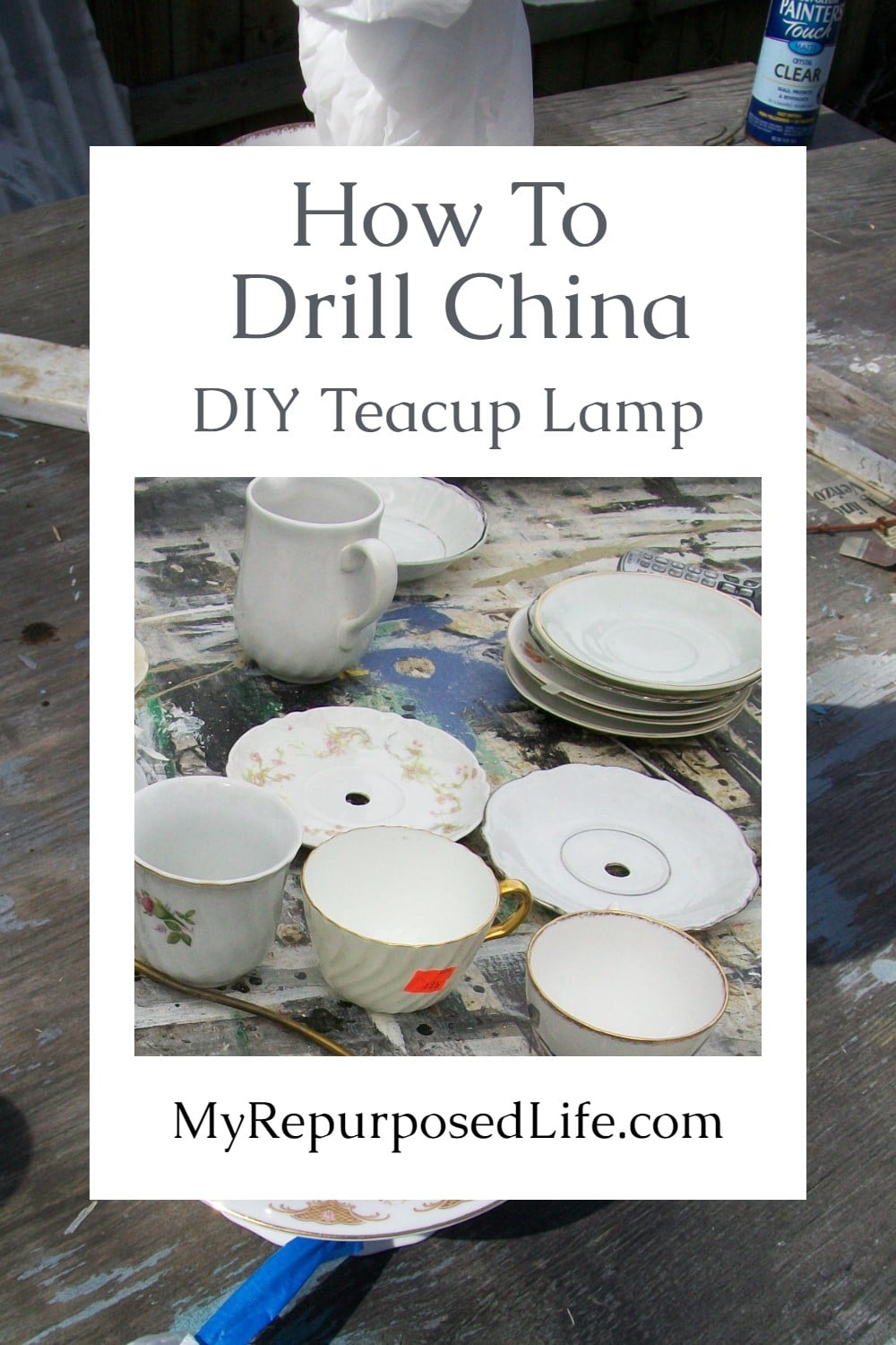 How to drill china such as teacups and saucers to make lamps, dessert plates and more. You will need a diamond bit, a good drill and some patience.  #MyRepurposedLife #repurposed #glassware #drillchina via @repurposedlife