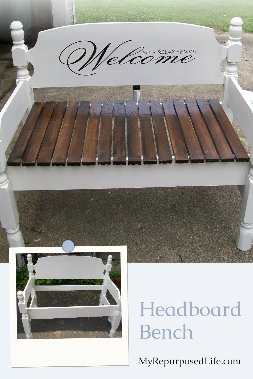 Who doesn't love a great headboard bench? How to make a stenciled bench out of a headboard. Great tips for stenciling with spray paint. #MyRepurposedLife #upcycled #bed #bench via @repurposedlife