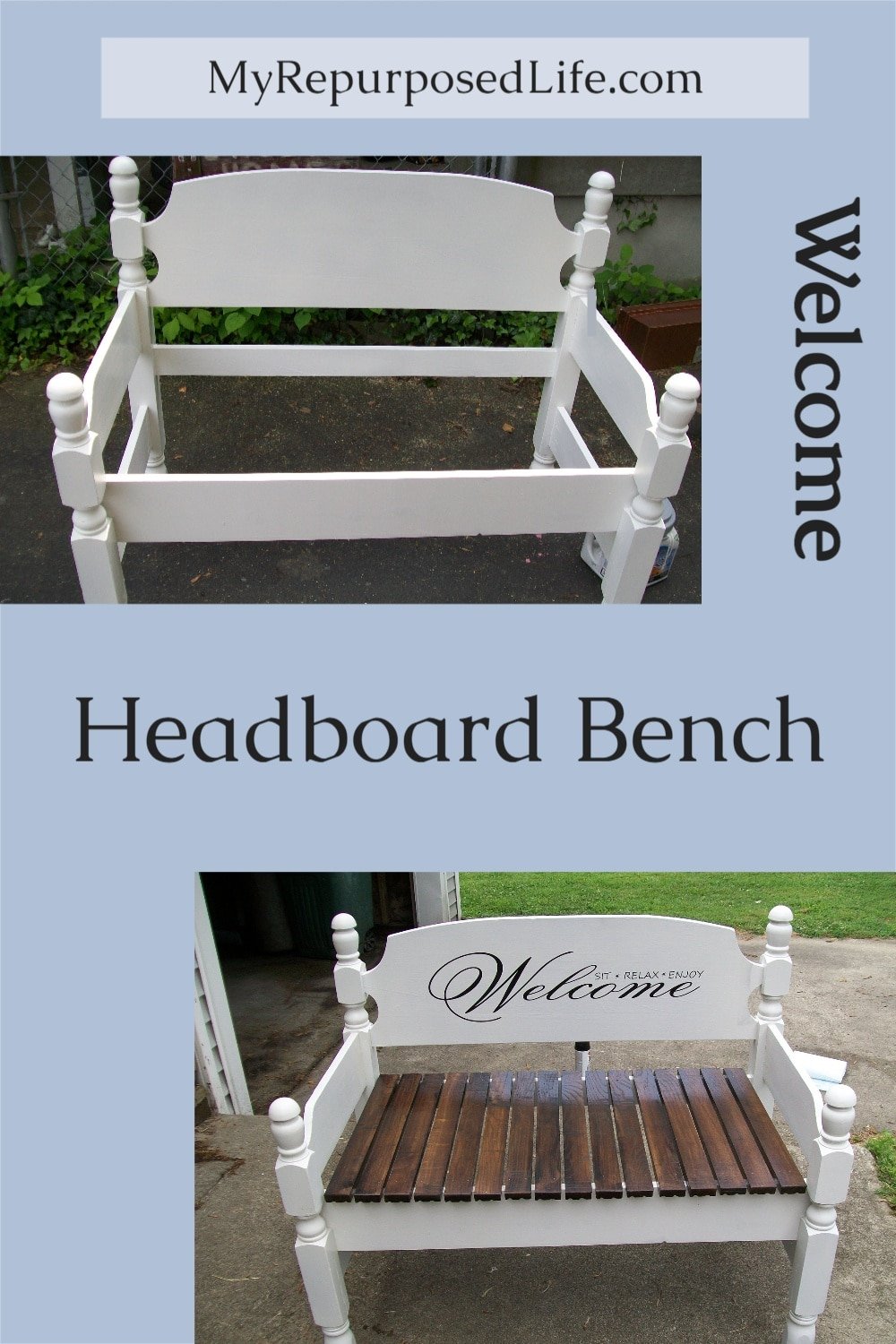 Who doesn't love a great headboard bench? How to make a stenciled bench out of a headboard. Great tips for stenciling with spray paint. #MyRepurposedLife #upcycled #bed #bench via @repurposedlife