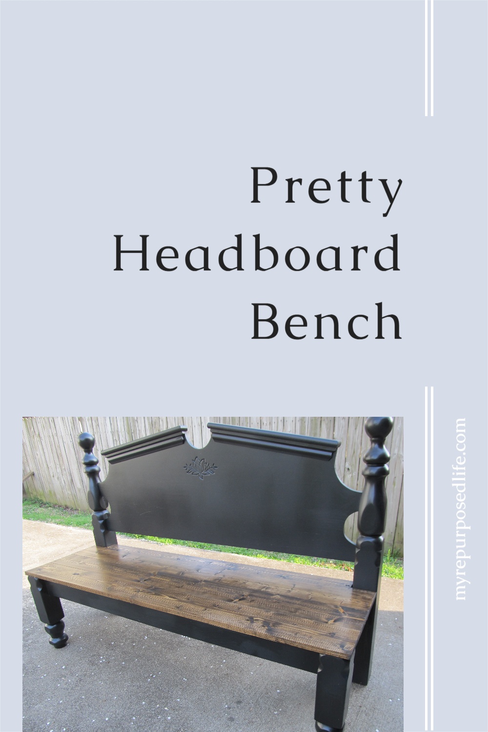 how to make a full sized pretty headboard bench out of a free bed. It's okay to make your bench without arms. Great two-toned black and stain. #MyRepurposedLife #upcycle #repurpose #headboard #bench #diy #weekendproject via @repurposedlife