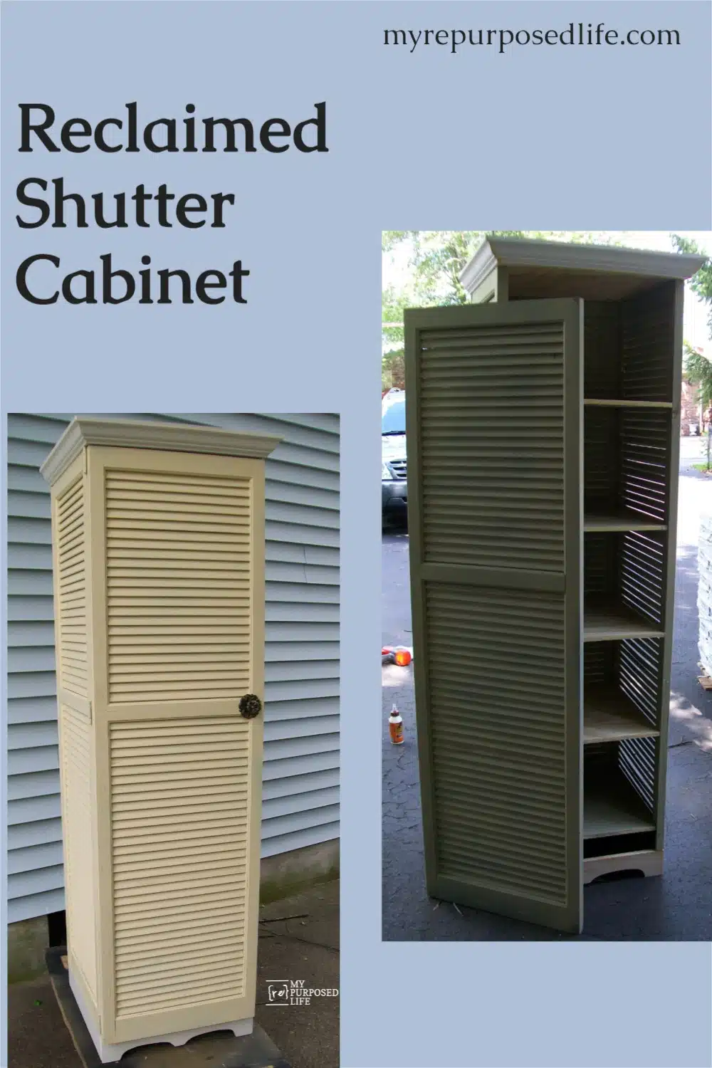 How to make a shutter cupboard out of repurposed shutters. Step by step directions will have you finished with this project in one weekend. Do It Yourself! #MyRepurposedLife #repurposed #upcycled #shutter #cupboard #diy #project via @repurposedlife