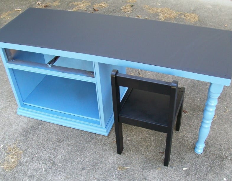 repurposed nightstand into kids desk painted blue with a chalkboard top