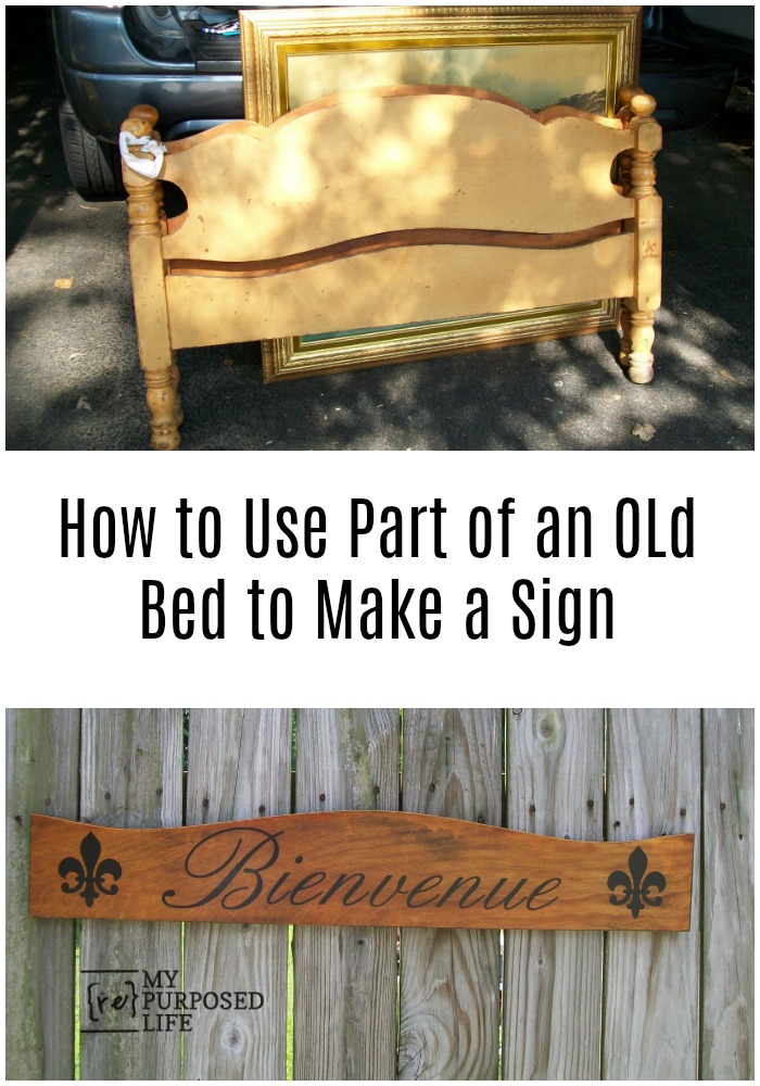 Great tutorial on how to make a repurposed headboard sign using a stencil and spray paint. Tips on painting and stenciling a large DIY sign. #MyRepurposedLife #repurposed #headboard #sign #bienvenue #diy via @repurposedlife