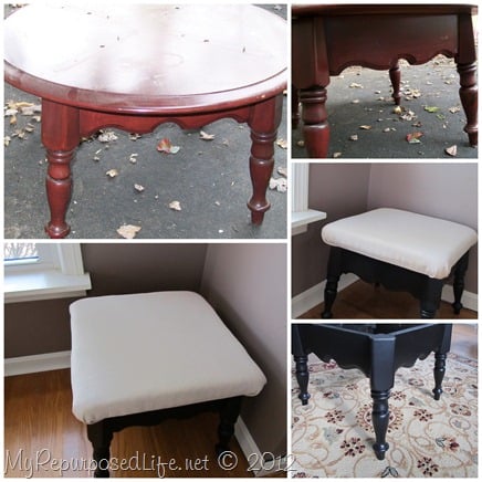How to turn a small repurposed table into a footstool and a faux pocket watch wall art piece. Step by step directions on recovering seat. #MyRepurposedLife #repurposed #table #footstool #diy #project via @repurposedlife