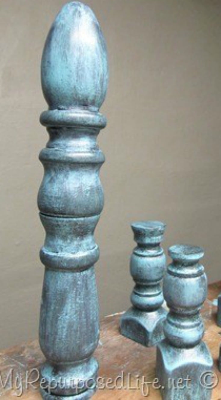 How to make decorative finials from bed posts and spindles. Tips on cutting bed posts and getting a great aged paint look using two colors of paint. Easy! #MyRepurposedLife #repurposed #finials #diy #project via @repurposedlife