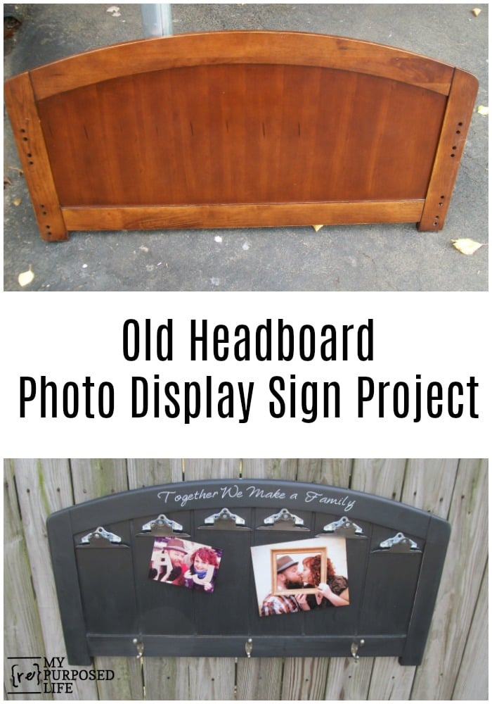 Here's a great repurposed headboard ideas -- a photo display sign. Using an old headboard, I added some clips to display photos. Easy project. #MyRepurposedLife #repurposed #headboard #photo #display #sign #easy #diy via @repurposedlife