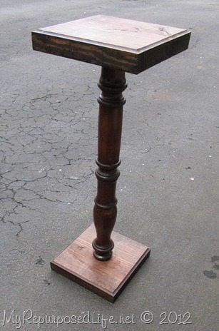 How to make a knockoff pedestal stand for a fraction of the cost (free if you have the materials on hand such as bed parts and scrap wood) #MyRepurposedLife #repurposed #furniture #bed #pedestal #plantstand via @repurposedlife